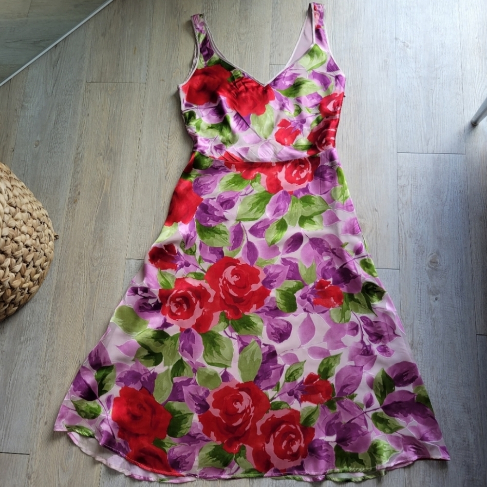 Monsoon UK Silk Radiant Watercolor Floral Vibrant Tank Flowey Midi Dress
